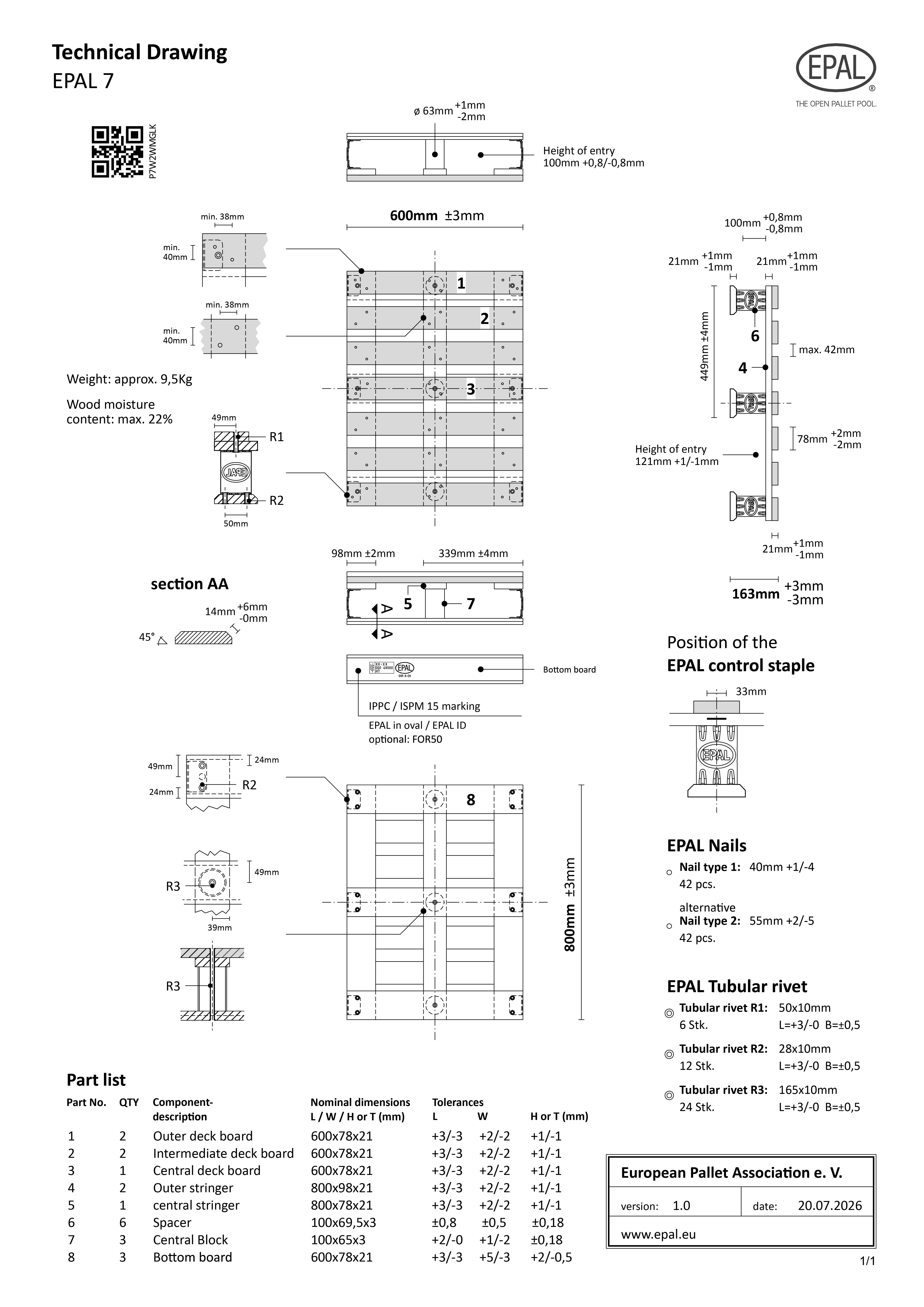 EPAL 7 Half Pallet technical drawing