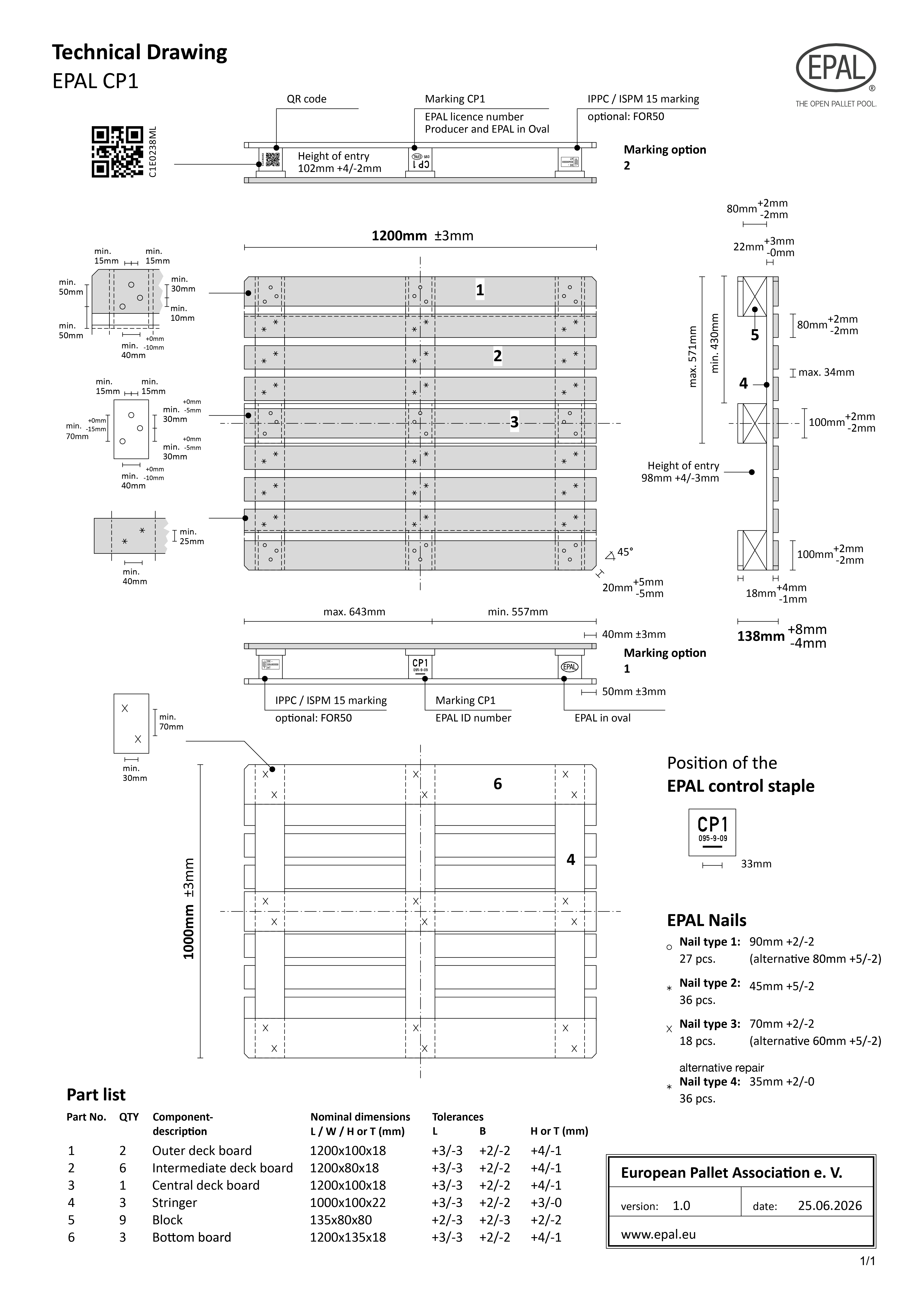 EPAL CP1 Pallet technical drawing