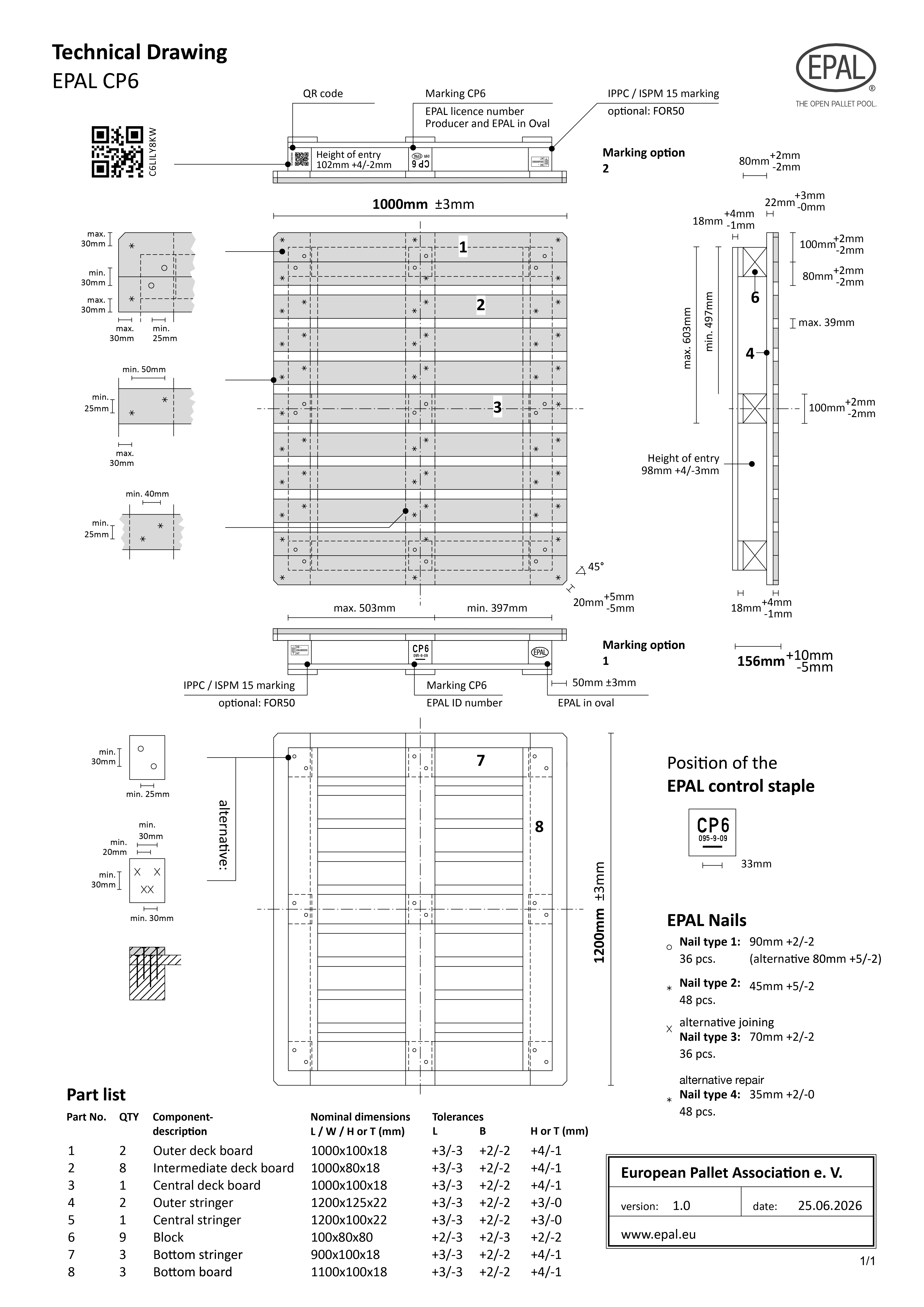 EPAL CP6 Pallet technical drawing