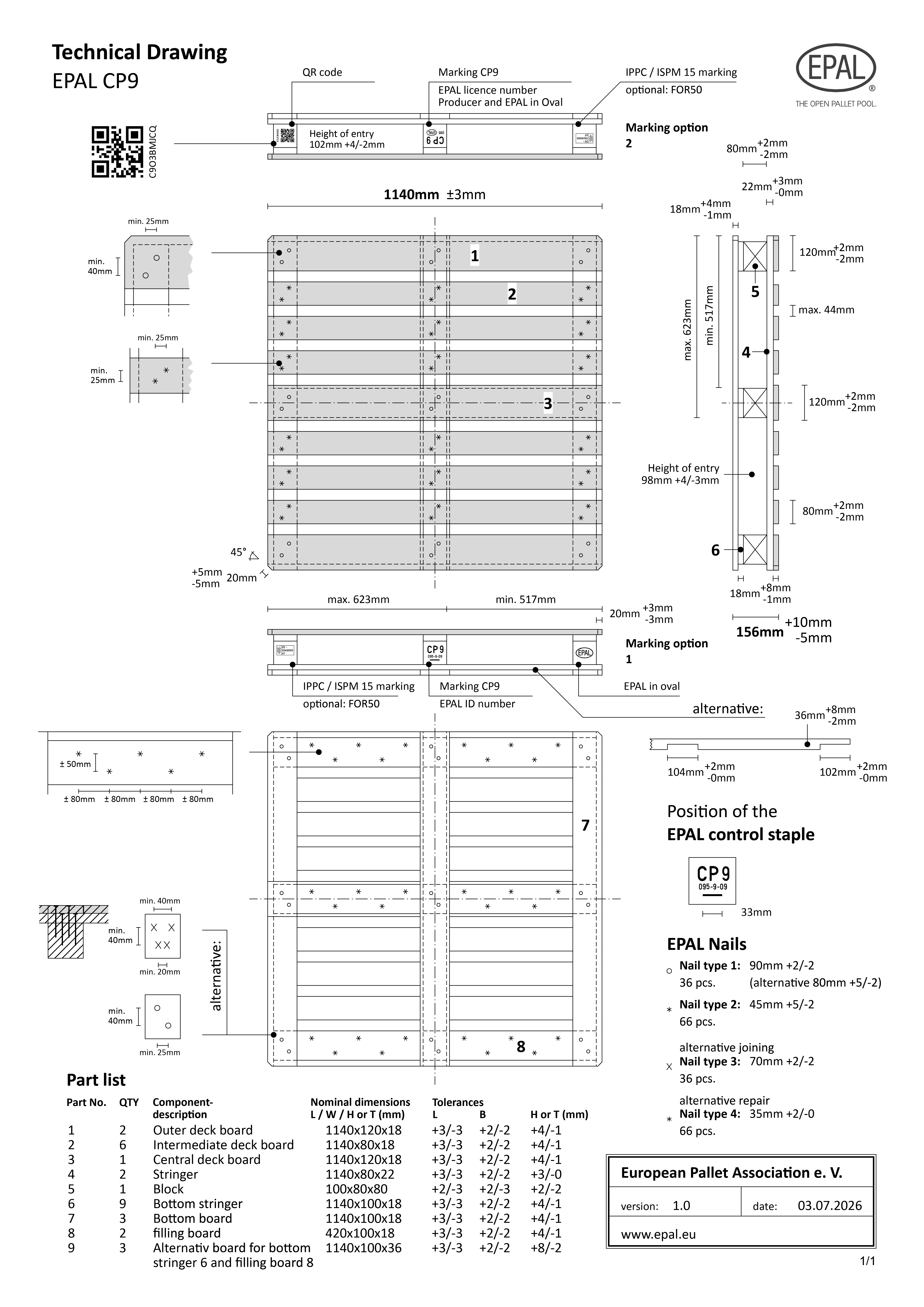 EPAL CP9 Pallet technical drawing